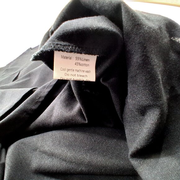 Black Linen Blend  Dress Barrel Tulip Skirt Short Sleeve Scoop Neck Pockets SZ M - Picture 7 of 13